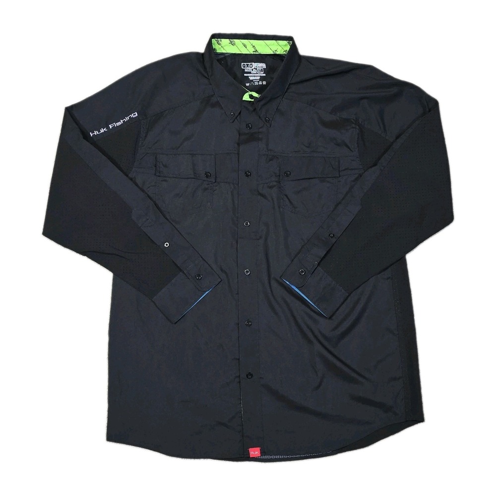 Huk Fishing Shirt Mens XL Black Vented Button Up Performance Long Sleeve